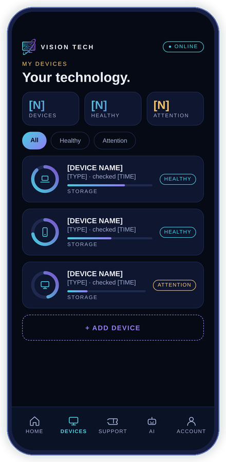 Concept screen showing a list of devices