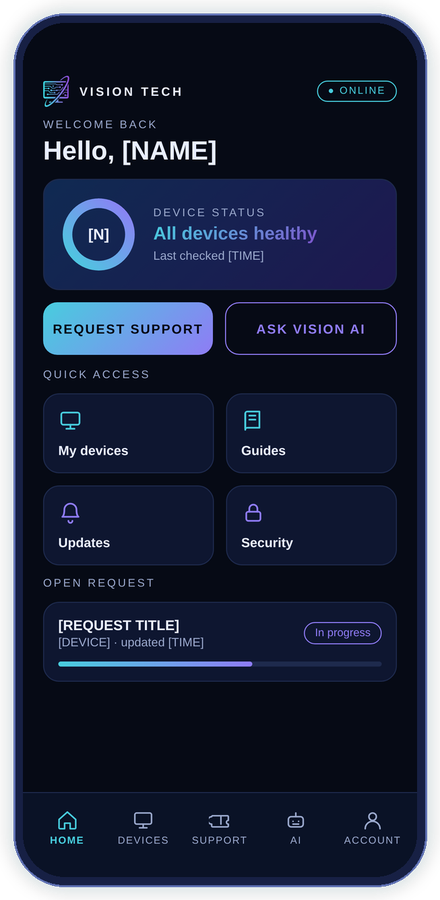 Concept home screen of the Vision Tech App